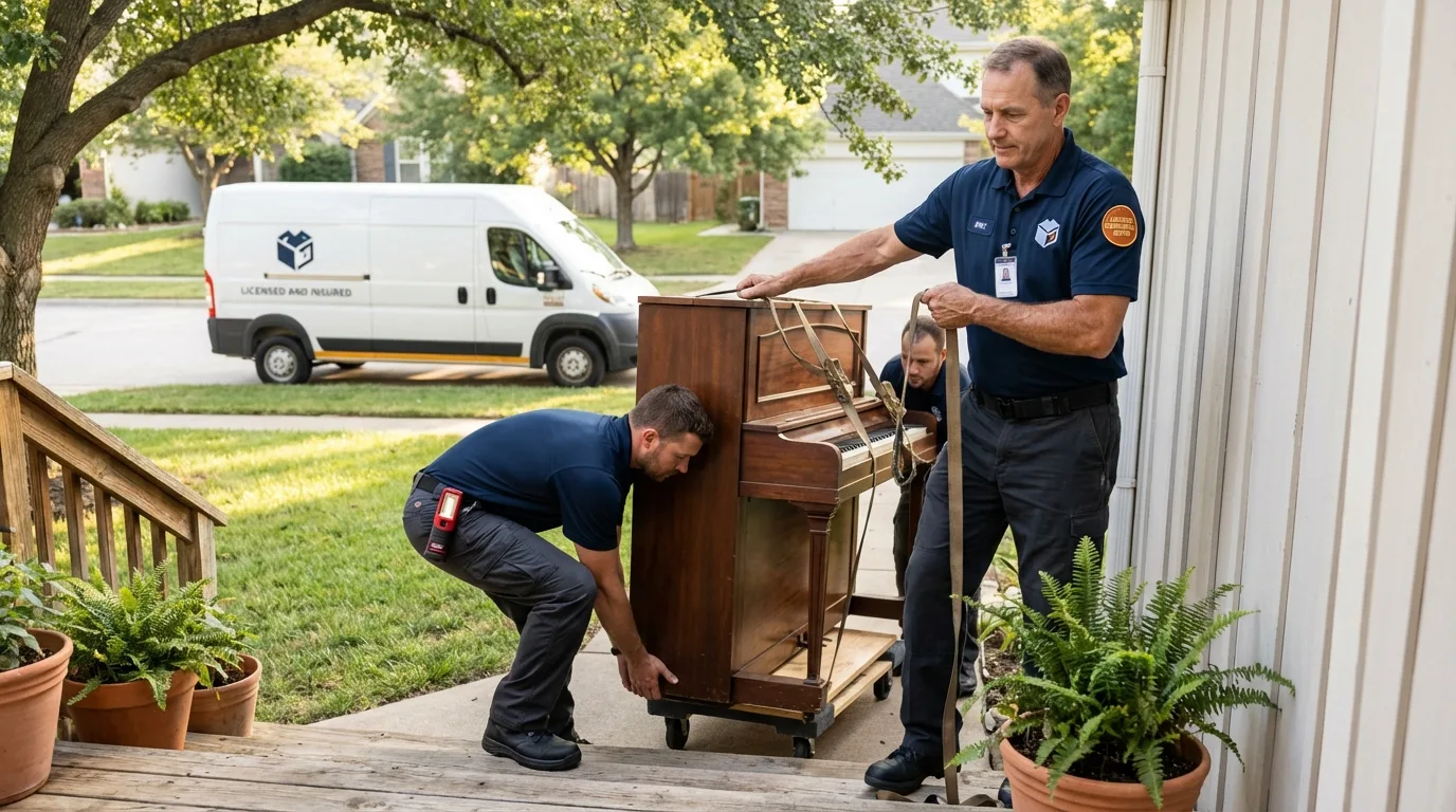 Licensed piano movers securing grand piano in Gastonia, NC