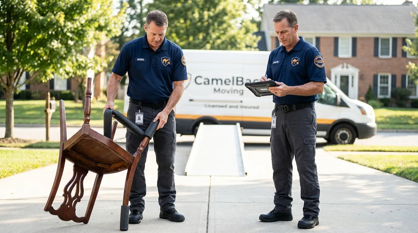 Movers inspecting furniture for damage prevention before loading in Gastonia, NC