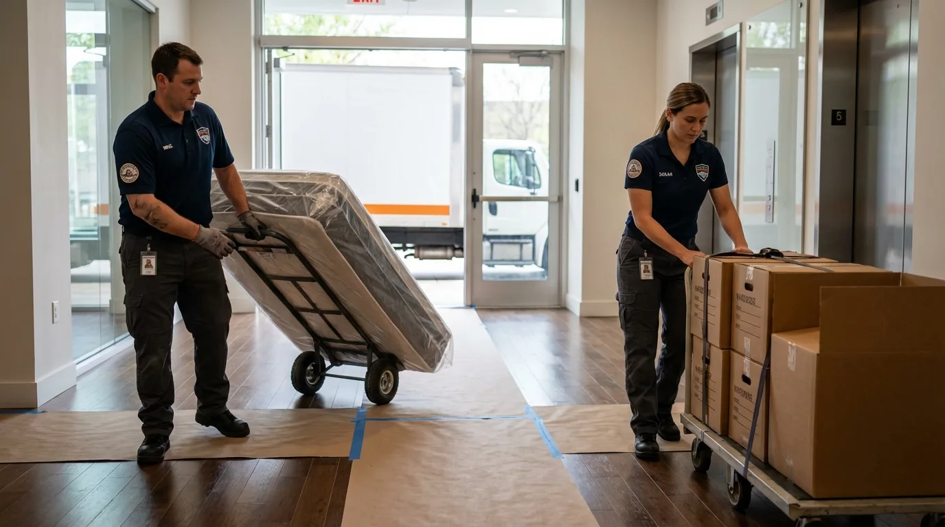 Professional apartment movers loading elevator in Gastonia, NC